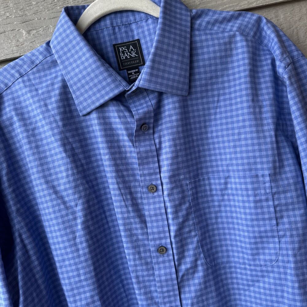 Jos. A. Bank Traveller Mens XL Blue Gingham Check Tailored Dress Button Up Shirt